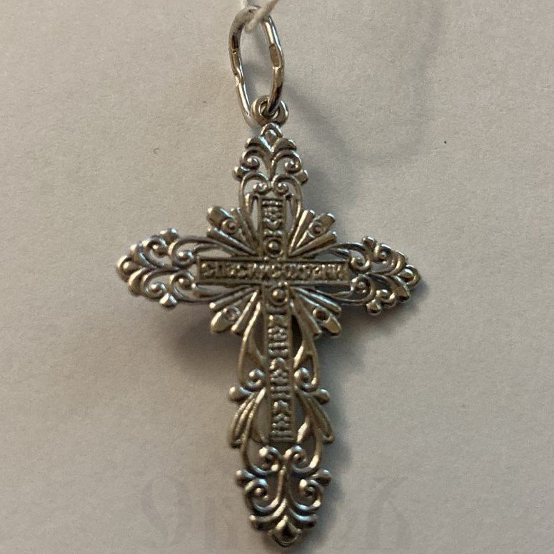 крест «распятие», серебро 925 проба с фианитами и родированием (арт. 3-065-8)